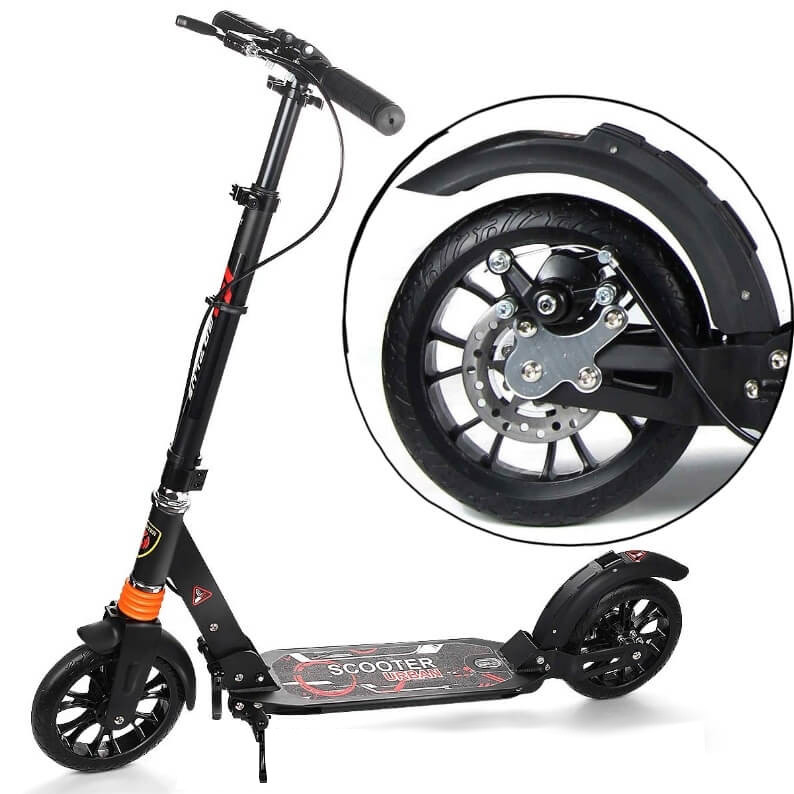 Самокат Urban Scooter с ручным дисковым тормозом, 2 амортизатора, 200мм (черный)