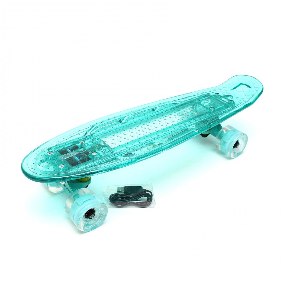 Скейтборд со светящейся декой и светящимися колесами (бирюзовый)