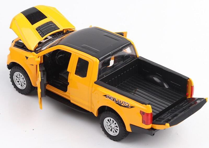 Коллекционная модель машинки - пикап F RAPT, открываются капот, багажник, двери, свет, звук, инерционная, 17.5см (желтый)
