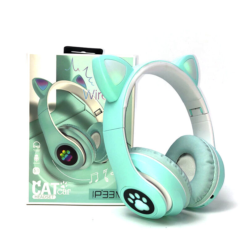Беспроводные наушники со светящимися ушками Cat Ear P33M с Bluetooth, MP3, FM, AUX, Mic, LED (мятный)