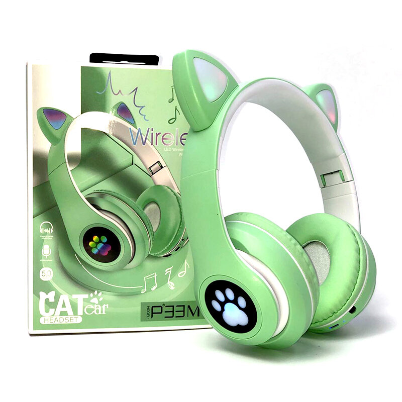 Беспроводные наушники со светящимися ушками Cat Ear P33M с Bluetooth, MP3, FM, AUX, Mic, LED (зеленый)
